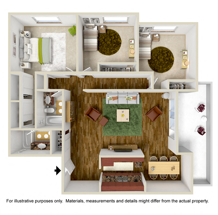 Floor plan for 3 beds, 2 baths, 1095 sqft